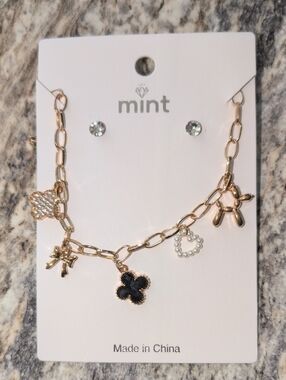 mint Gold-Tone Charm Necklace with Black Clover & Pearl Heart